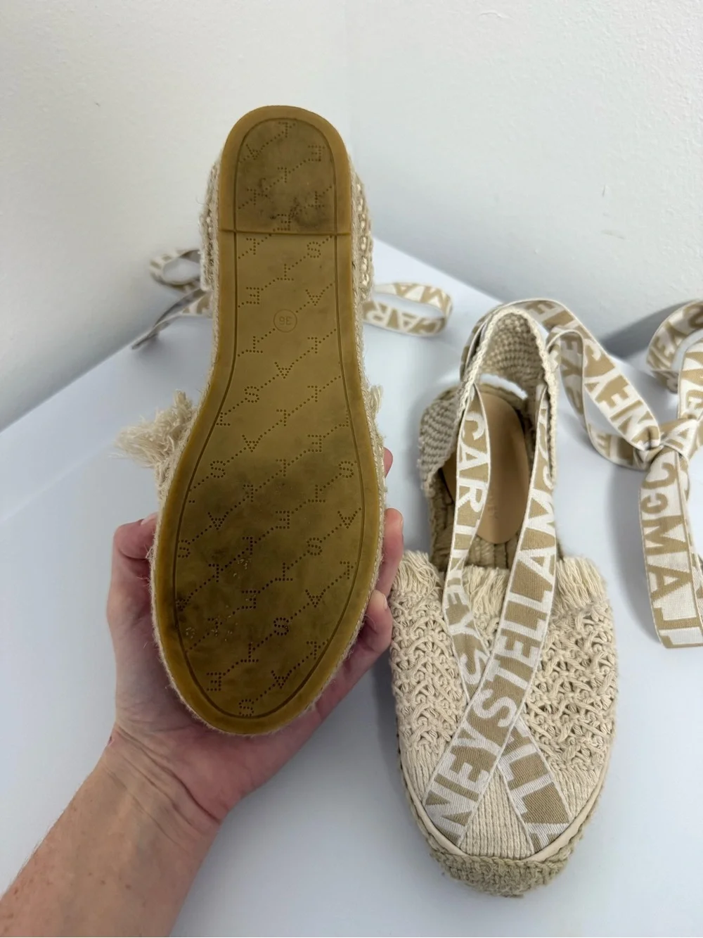 Stella McCartney Ivory Woven Espadrille Logo Ribbon Flats